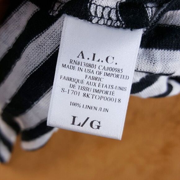 A.L.C. Top Womens Large Black Stripe Pullover Crew Criss Cross Back 100% Linen - Picture 5 of 8